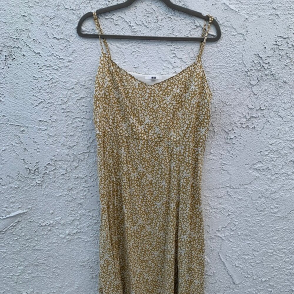 Sun dress midi length, mustard yellow, strappy